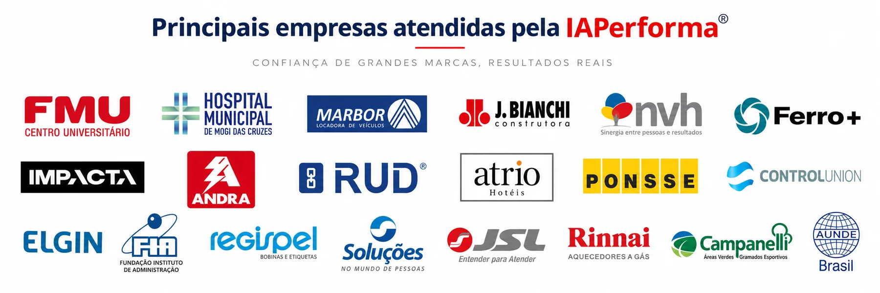 Principais empresas atendidas pelo IAPERFORMA: FMU, Hospital Municipal de Mogi das Cruzes, Marbor, J. Bianchi, NVH, Ferro+, Impacta, Andra, RUD, Atrio, Ponsse, Control Union, Elgin, FIA, Regispel, O Soluções, JSL, Rinnai, Campanelli e AUNDE Brasil.