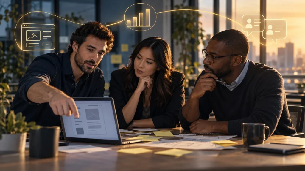 Equipe analisando um protótipo e feedbacks, com símbolos do ciclo construir, medir e aprender